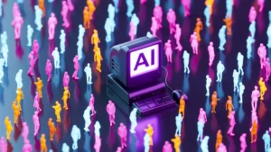 Vintage Computer with AI Text on Screen and Neon Lighting Business Crowd