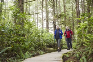 Senior couple hiking along trail in forest